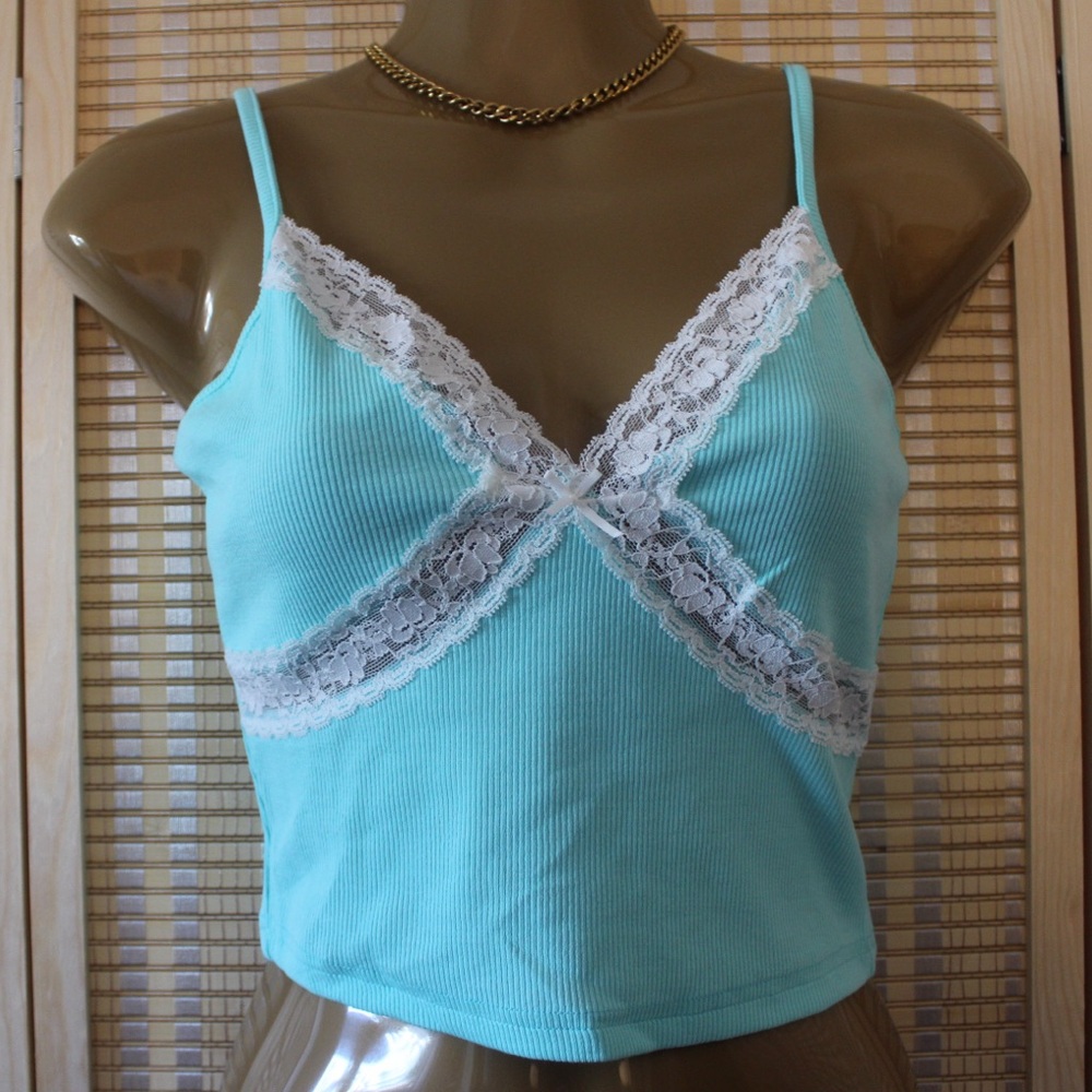 Light teal with white lace tank